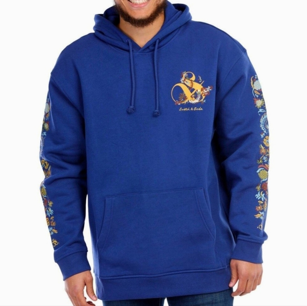 Scotch & Soda Royal Blue Floral Embroidered Hoodie Sweatshirt Men's Medium